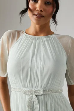 Bow Detail Angel Sleeve Mesh Bridesmaids Maxi Dress