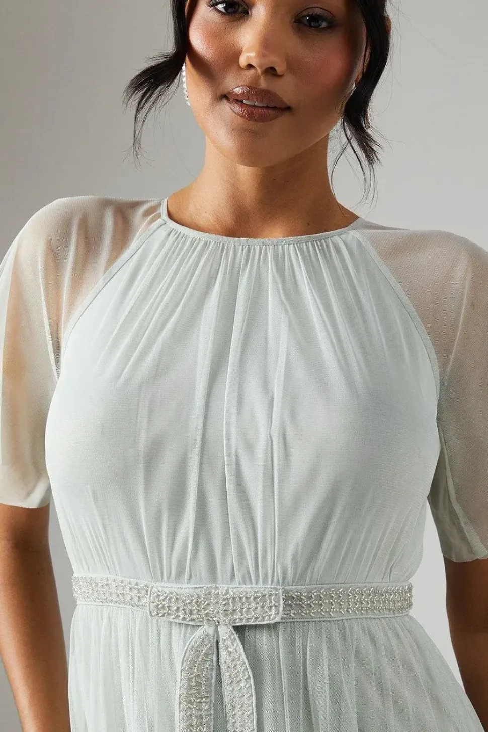 Bow Detail Angel Sleeve Mesh Bridesmaids Maxi Dress