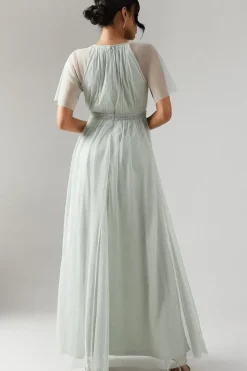 Bow Detail Angel Sleeve Mesh Bridesmaids Maxi Dress