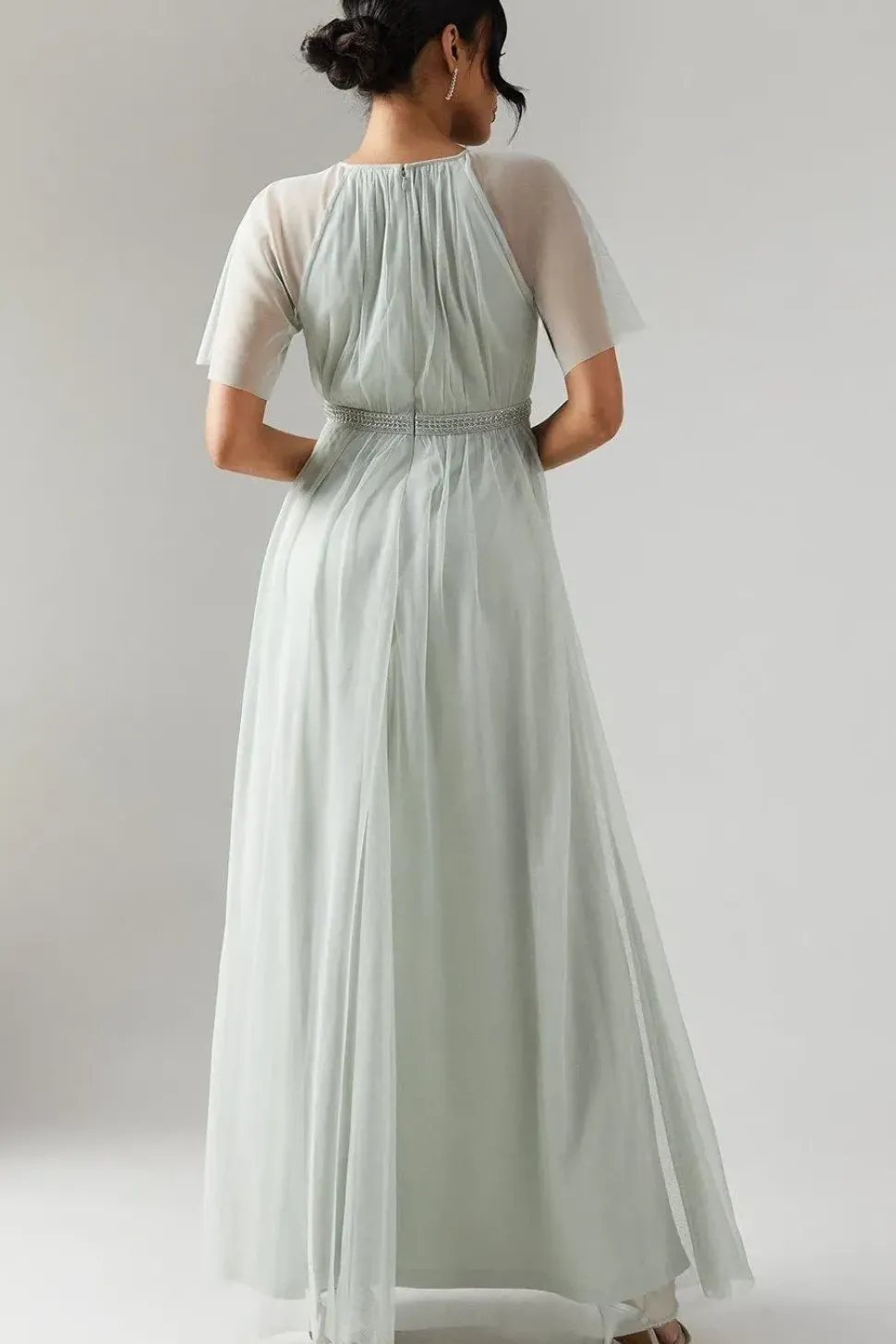 Bow Detail Angel Sleeve Mesh Bridesmaids Maxi Dress