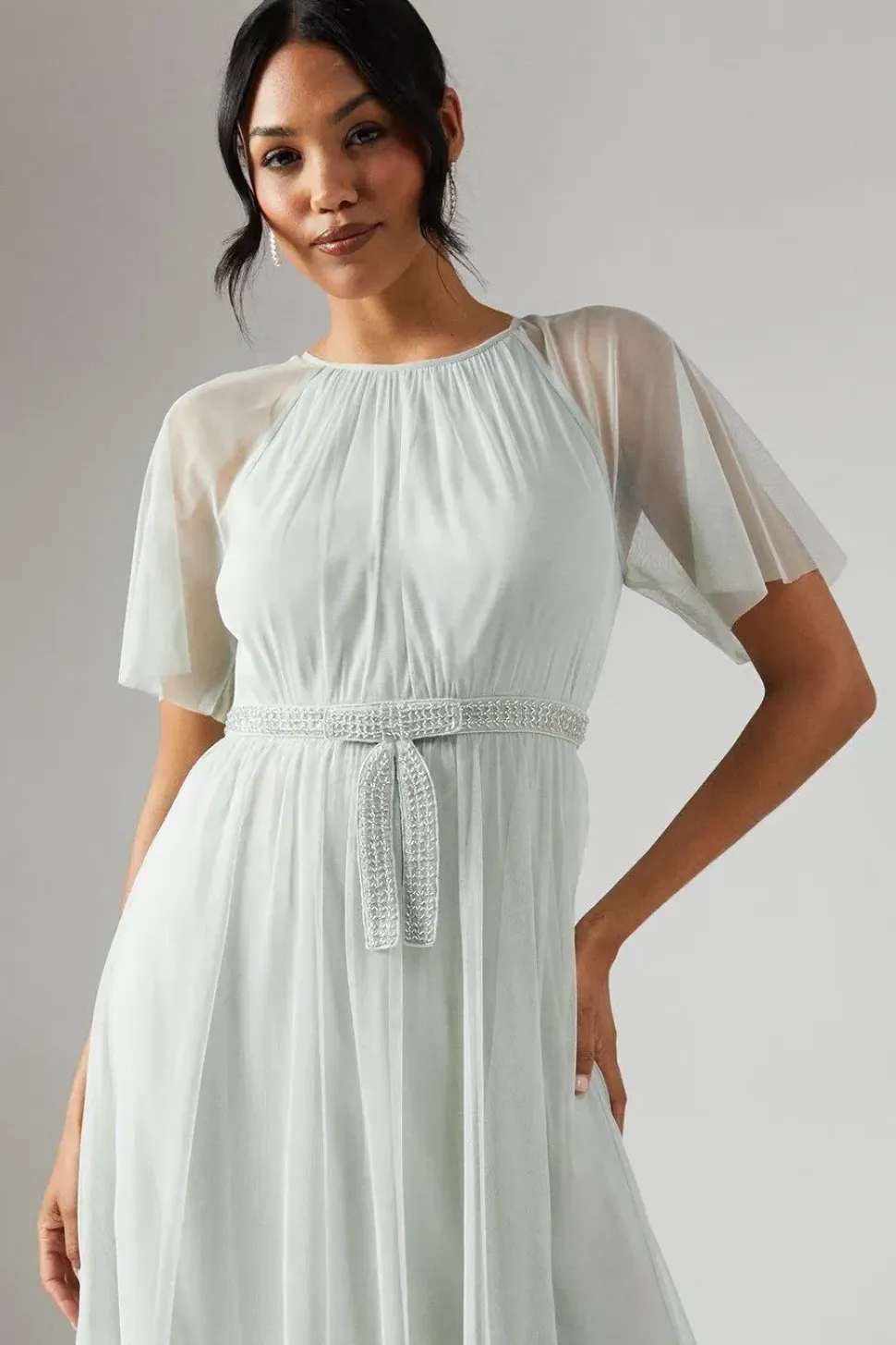 Bow Detail Angel Sleeve Mesh Bridesmaids Maxi Dress