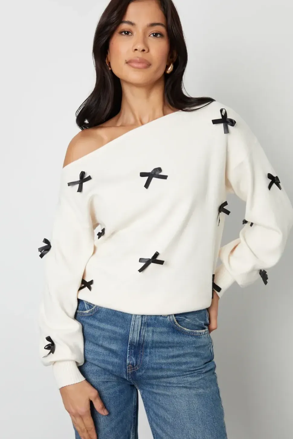 Bow Embellished Slash Neck Jumper