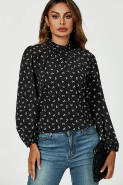 Bow Print Frill Detail High Neck Top In Black