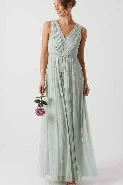 Bow V Neck Mesh Bridesmaid Maxi Dress
