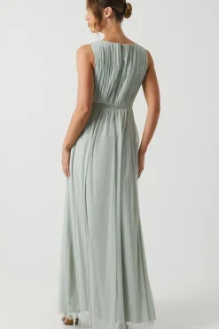 Bow V Neck Mesh Bridesmaid Maxi Dress