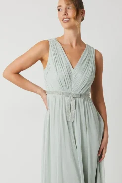 Bow V Neck Mesh Bridesmaid Maxi Dress
