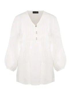 Brianne Linen Pintuck Blouse-Plain