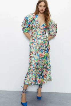 Bright Floral Print Puff Sleeve V Neck Dress