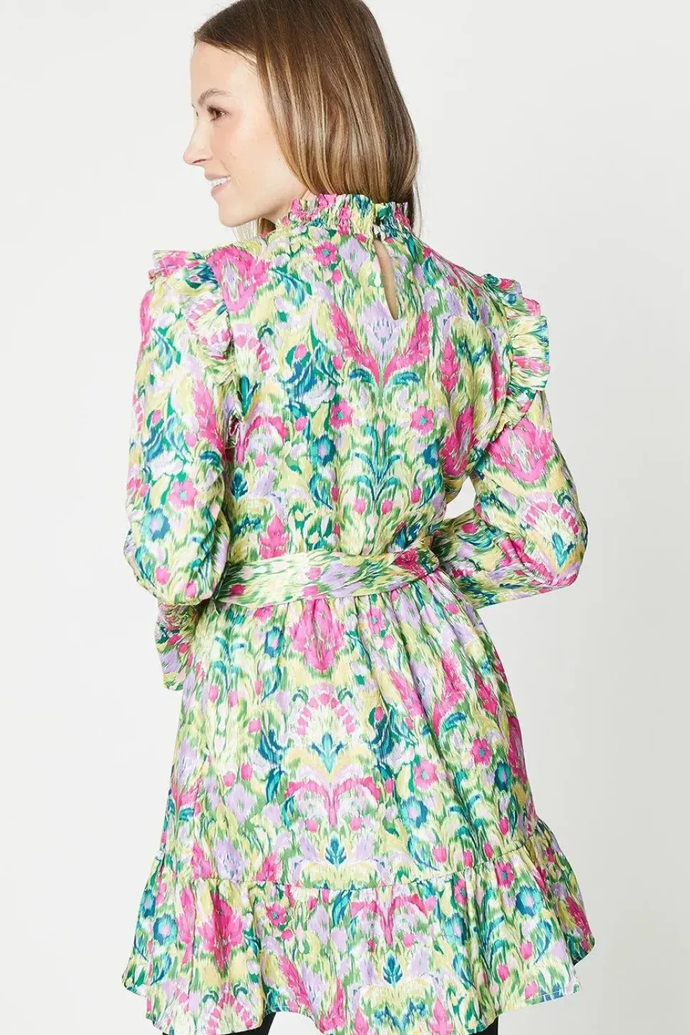 Bright Floral Ruffle Shirred Neck Mini Dress