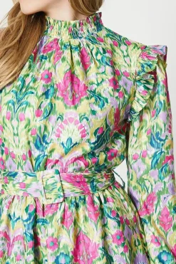 Bright Floral Ruffle Shirred Neck Mini Dress