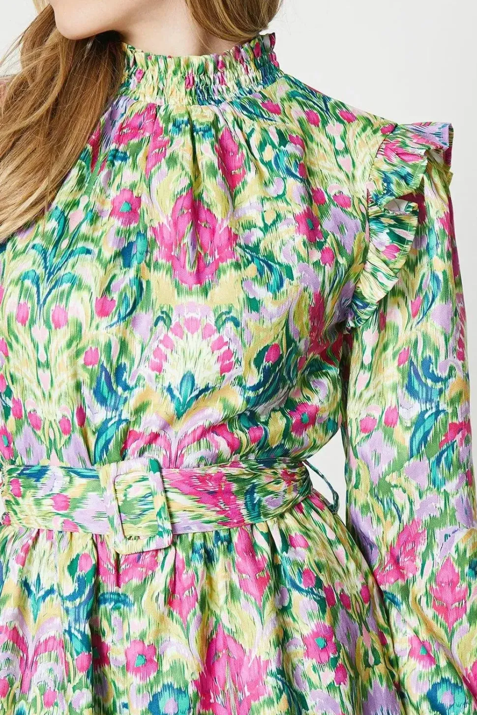 Bright Floral Ruffle Shirred Neck Mini Dress