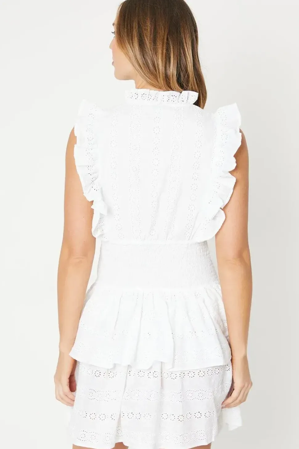 Broderie Frill Detail Shirred Waist Mini Dress