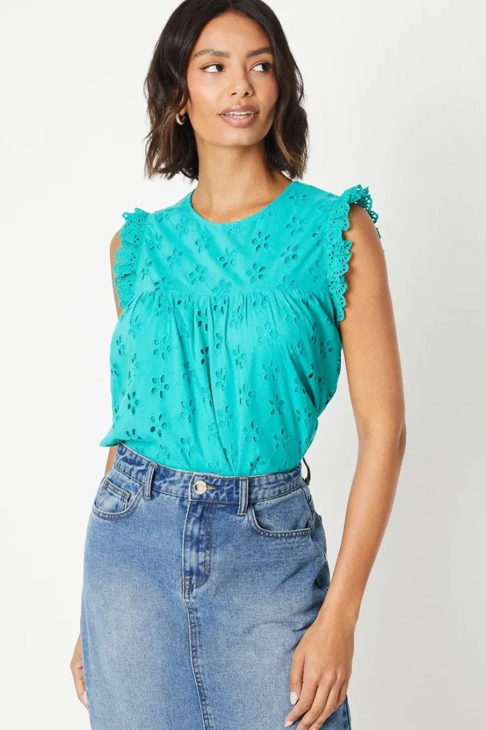Broderie Frill Sleeve Cut Out Back Top