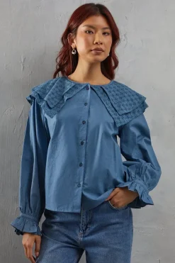 Broderie Oversized Collar Poplin Blouse