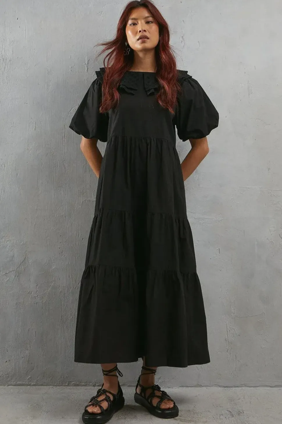 Broderie Oversized Collar Poplin Midi Dress