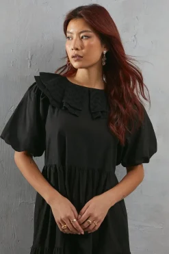 Broderie Oversized Collar Poplin Midi Dress