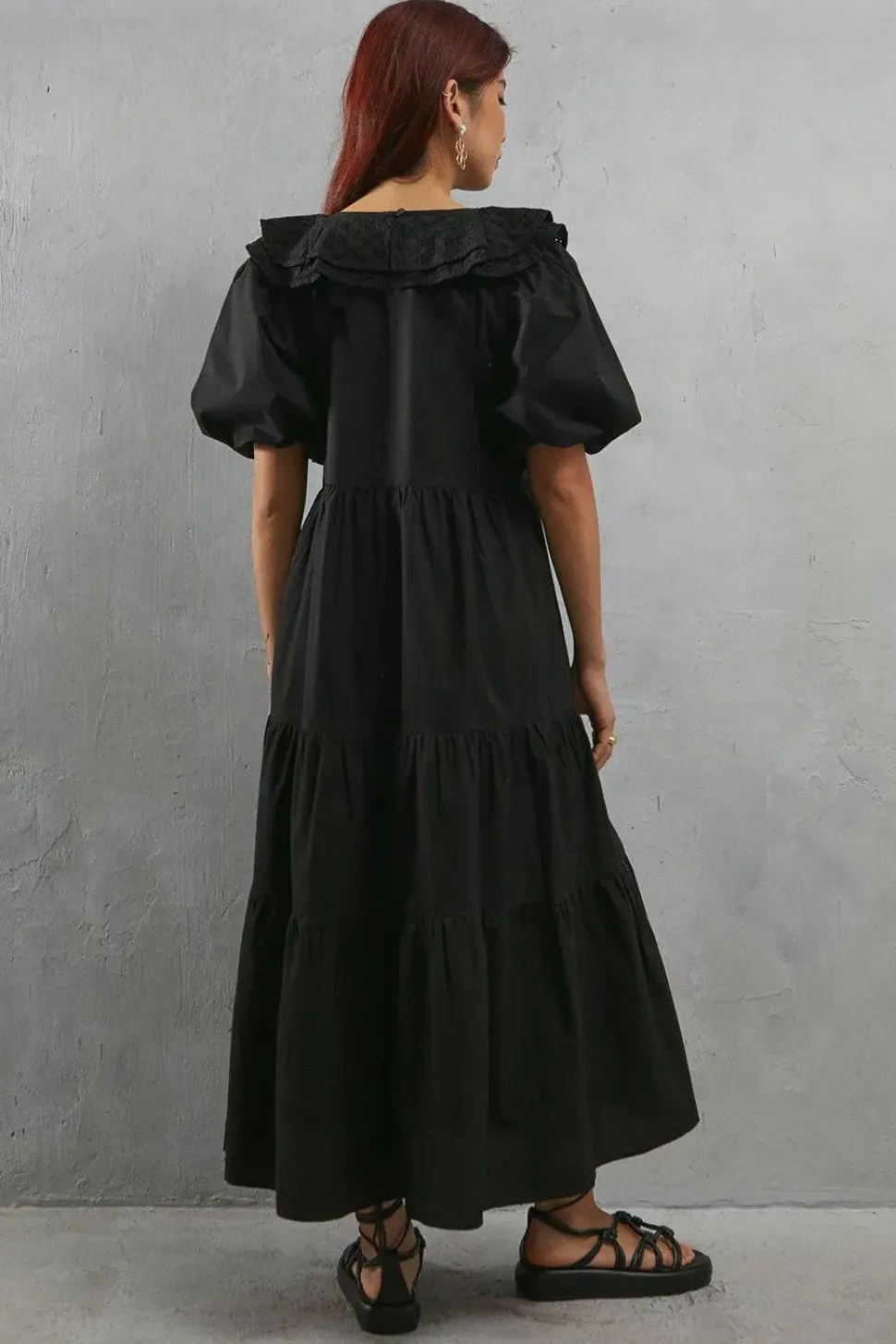 Broderie Oversized Collar Poplin Midi Dress