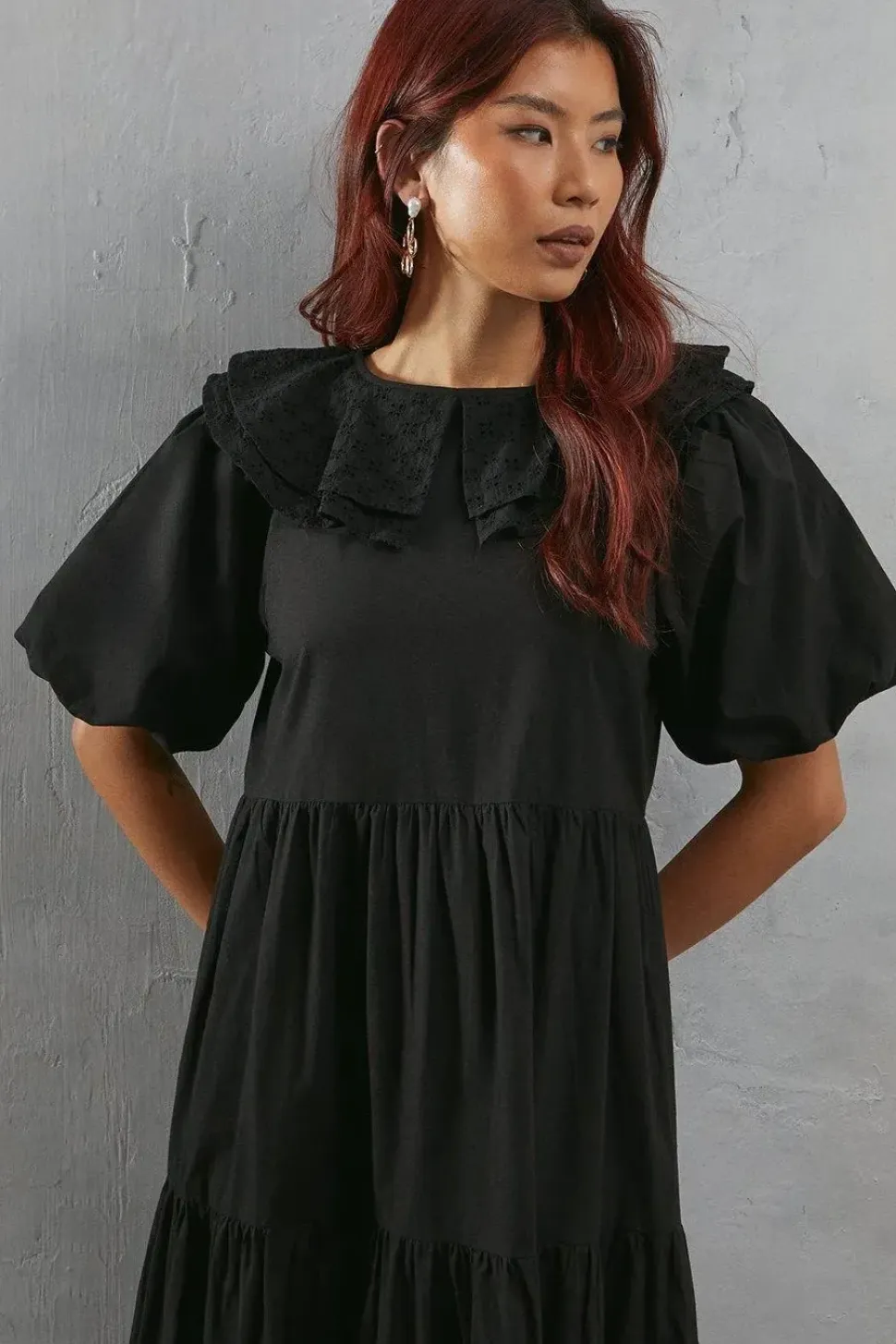 Broderie Oversized Collar Poplin Midi Dress