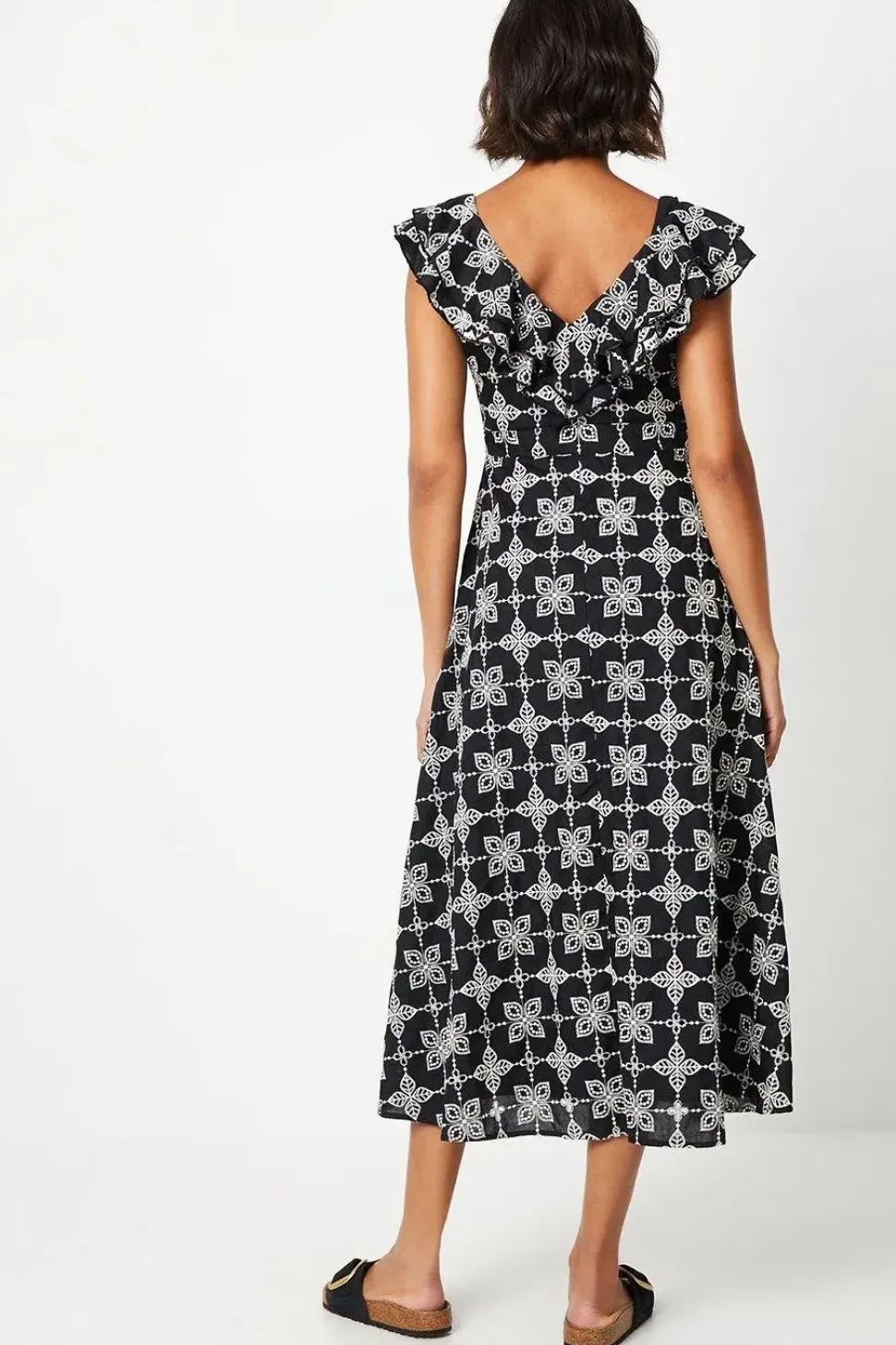 Broderie Ruffle Front Sleeveless Midi Dress