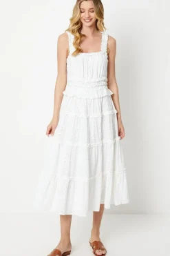 Broderie Shirred Strap Ruffle Detail Midi Dress