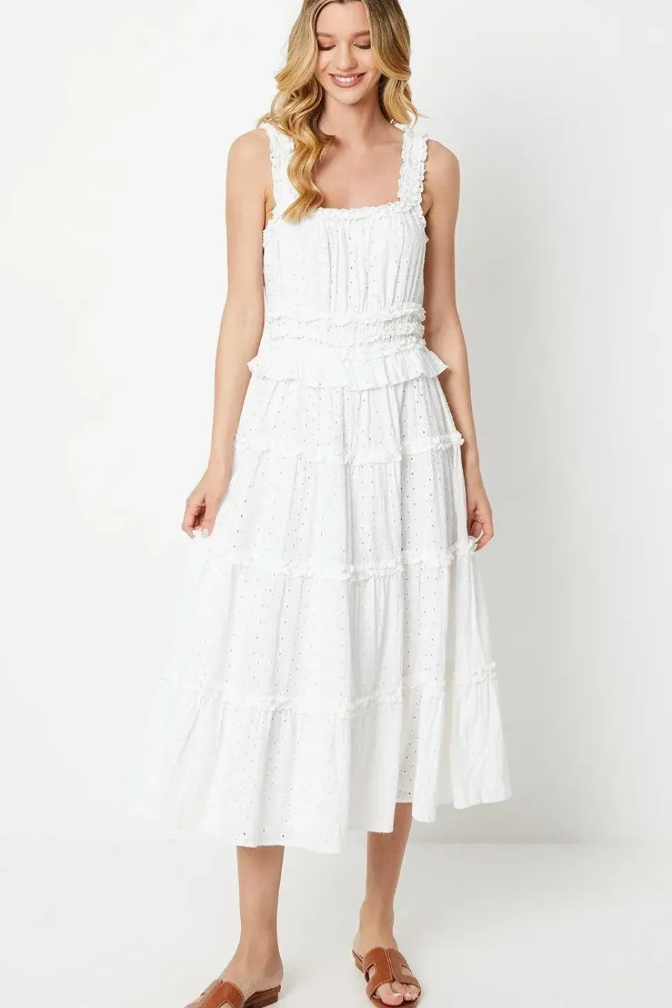 Broderie Shirred Strap Ruffle Detail Midi Dress