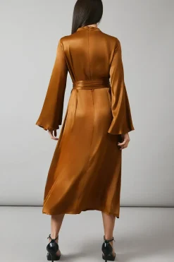 Brown Bias Cut Satin Midi Dress