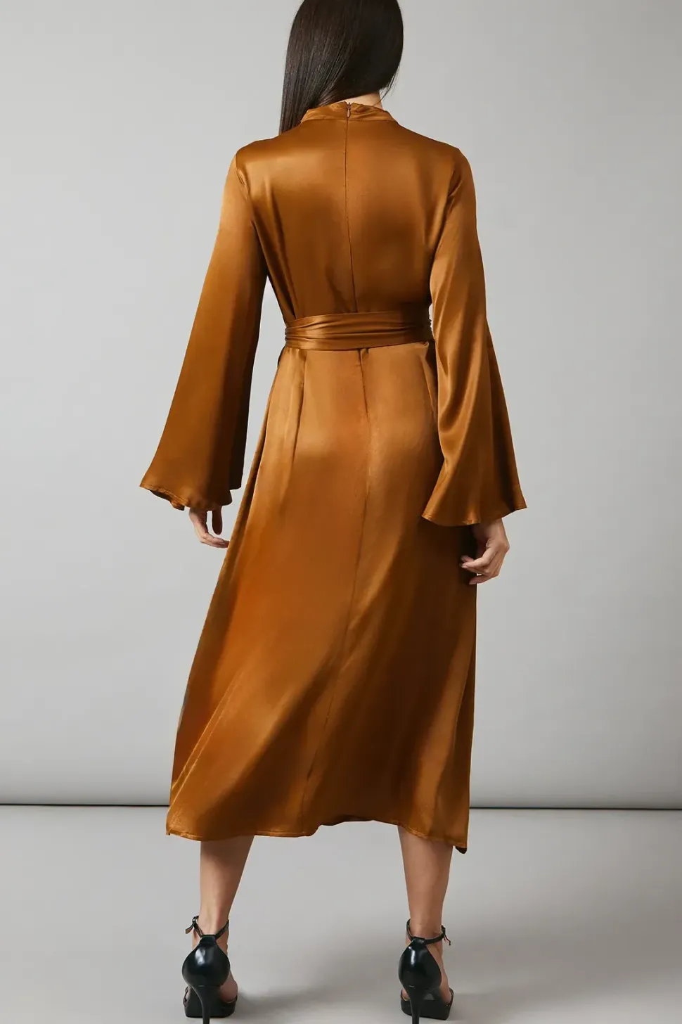 Brown Bias Cut Satin Midi Dress