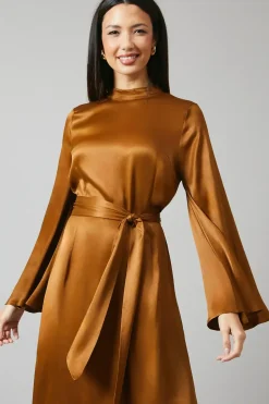 Brown Bias Cut Satin Midi Dress