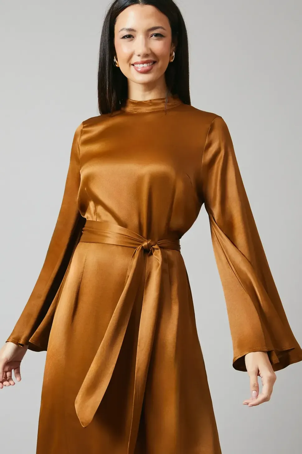 Brown Bias Cut Satin Midi Dress