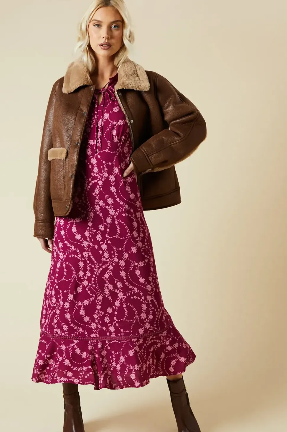 Brown Faux Fur Detail Aviator Jacket