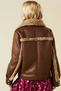 Brown Faux Fur Detail Aviator Jacket