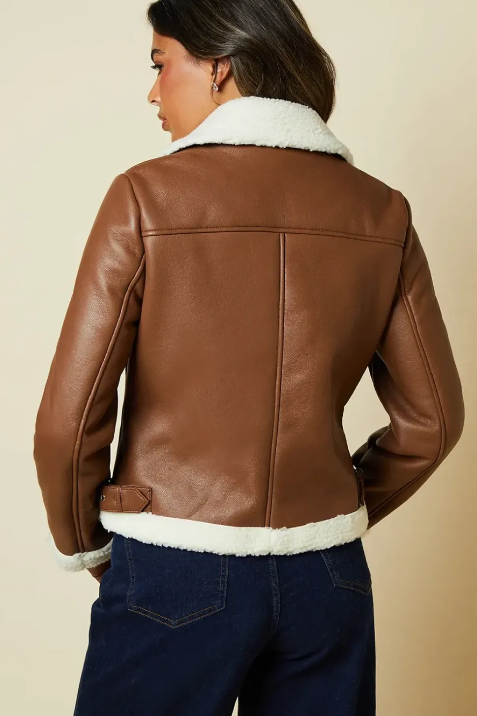Brown Faux Leather Short Aviator Jacket