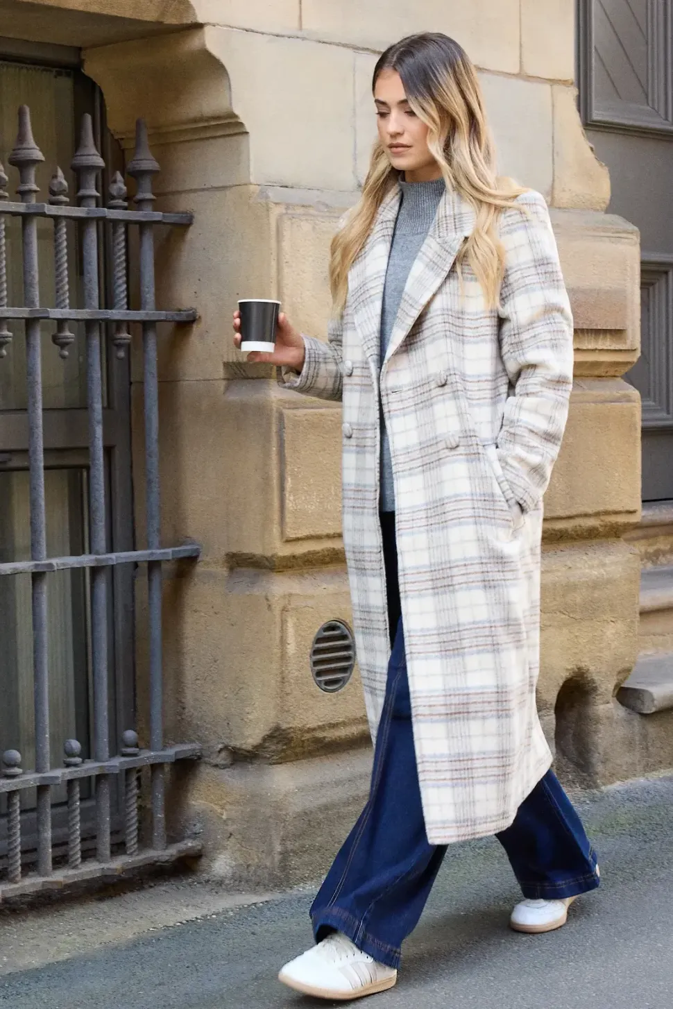 Brushed Check Double Breasted Coat