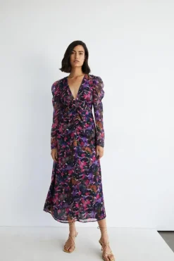 Brush Print Ruched Front V Neck Midi Dress