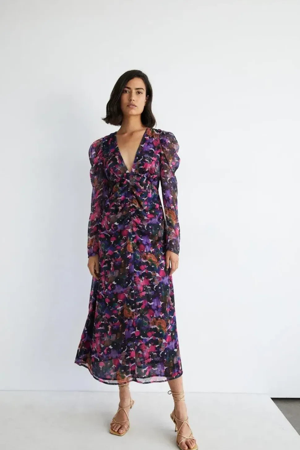 Brush Print Ruched Front V Neck Midi Dress