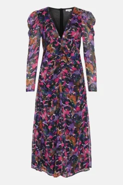 Brush Print Ruched Front V Neck Midi Dress