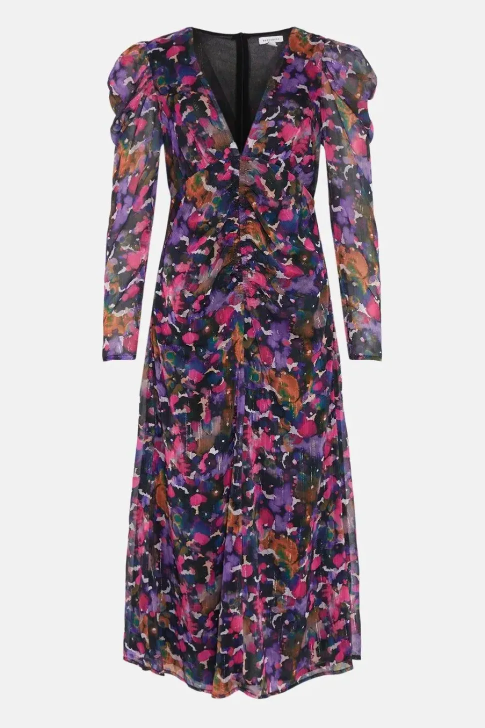 Brush Print Ruched Front V Neck Midi Dress