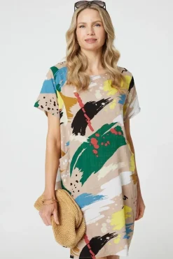 Brushstroke Print Knee Length Shift Dress
