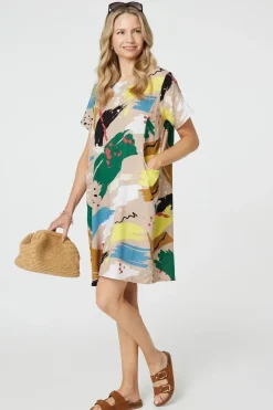 Brushstroke Print Knee Length Shift Dress