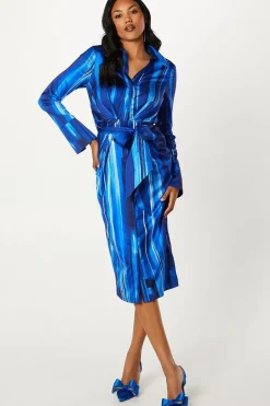 Brushstroke Print Pleated Waist Satin Shirt Dress