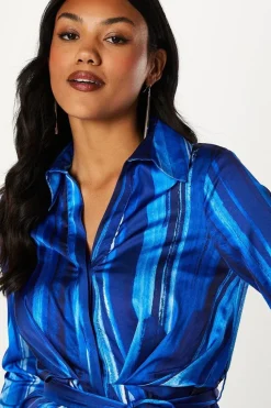 Brushstroke Print Pleated Waist Satin Shirt Dress