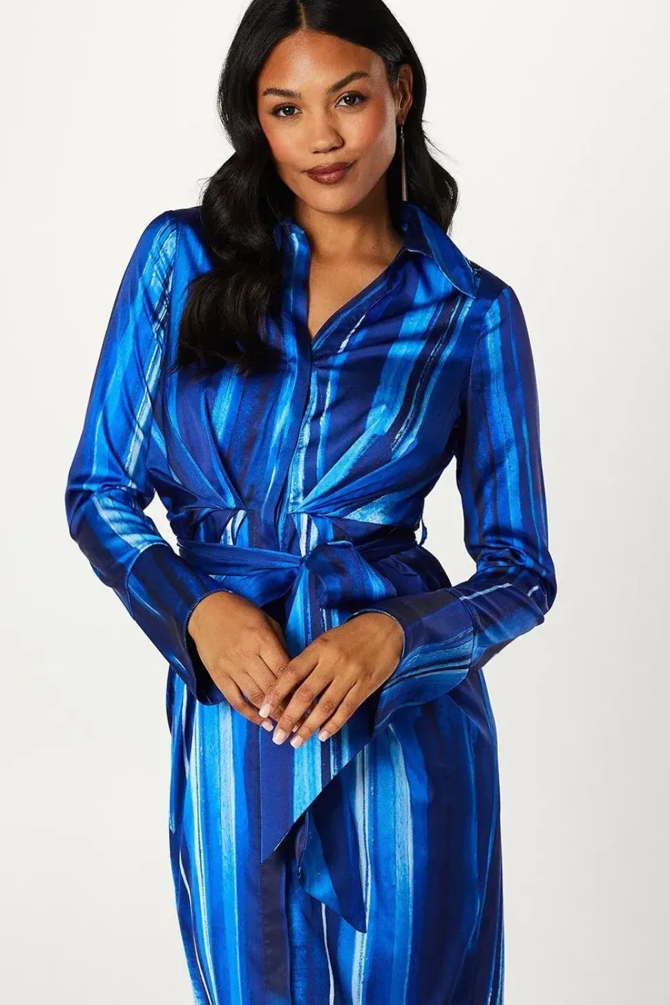 Brushstroke Print Pleated Waist Satin Shirt Dress