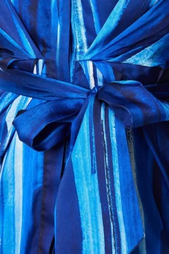 Brushstroke Print Pleated Waist Satin Shirt Dress