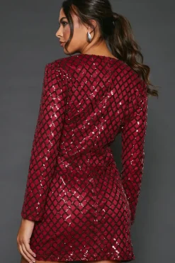 Burgundy Diamond Sequin Long Sleeve Ruched Wrap Mini Dress