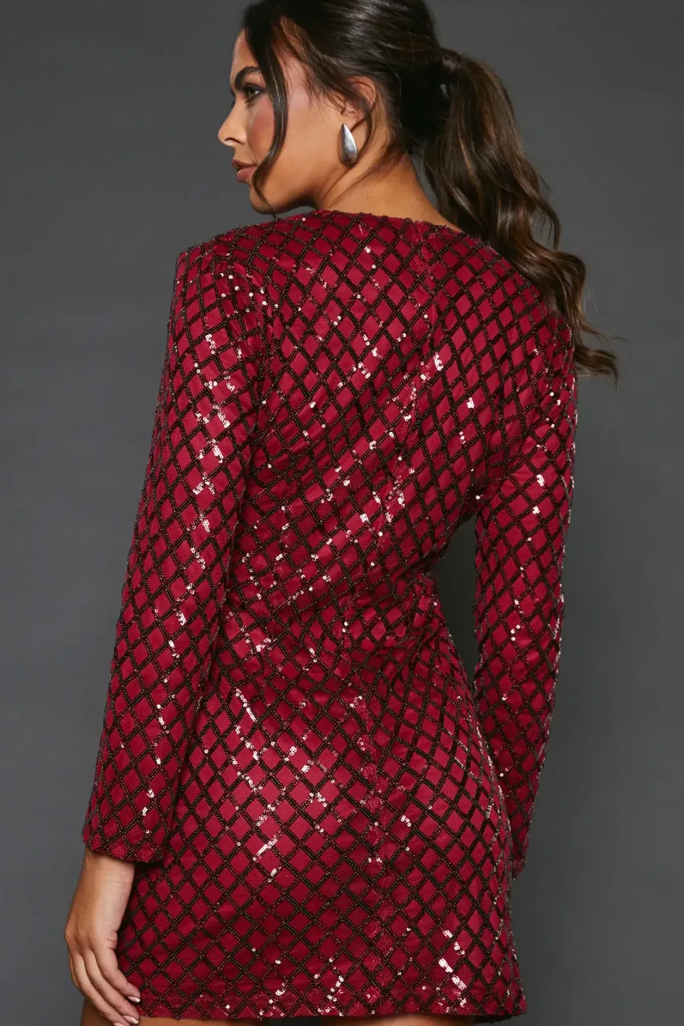 Burgundy Diamond Sequin Long Sleeve Ruched Wrap Mini Dress