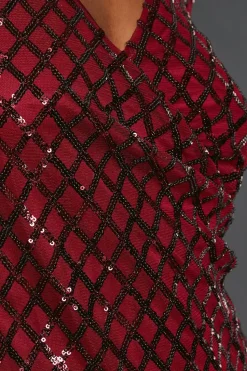 Burgundy Diamond Sequin Long Sleeve Ruched Wrap Mini Dress