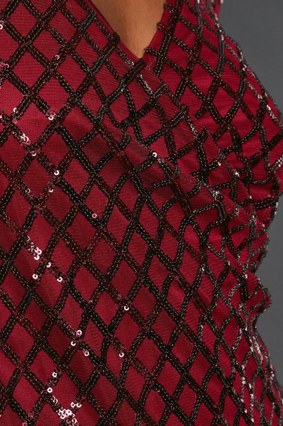 Burgundy Diamond Sequin Long Sleeve Ruched Wrap Mini Dress