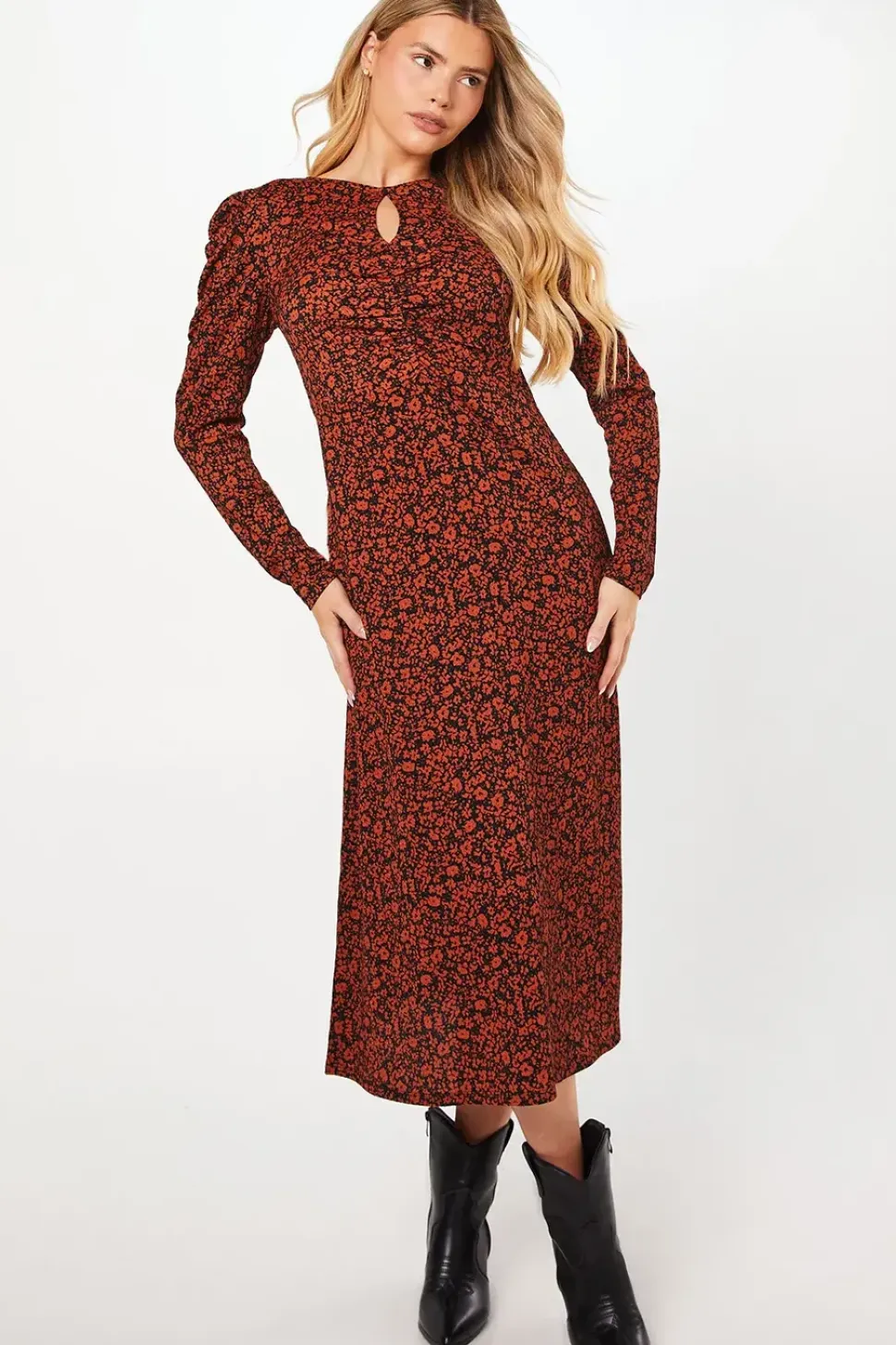 Burgundy Ditsy Floral Ruched Front Keyhole Midi Dress