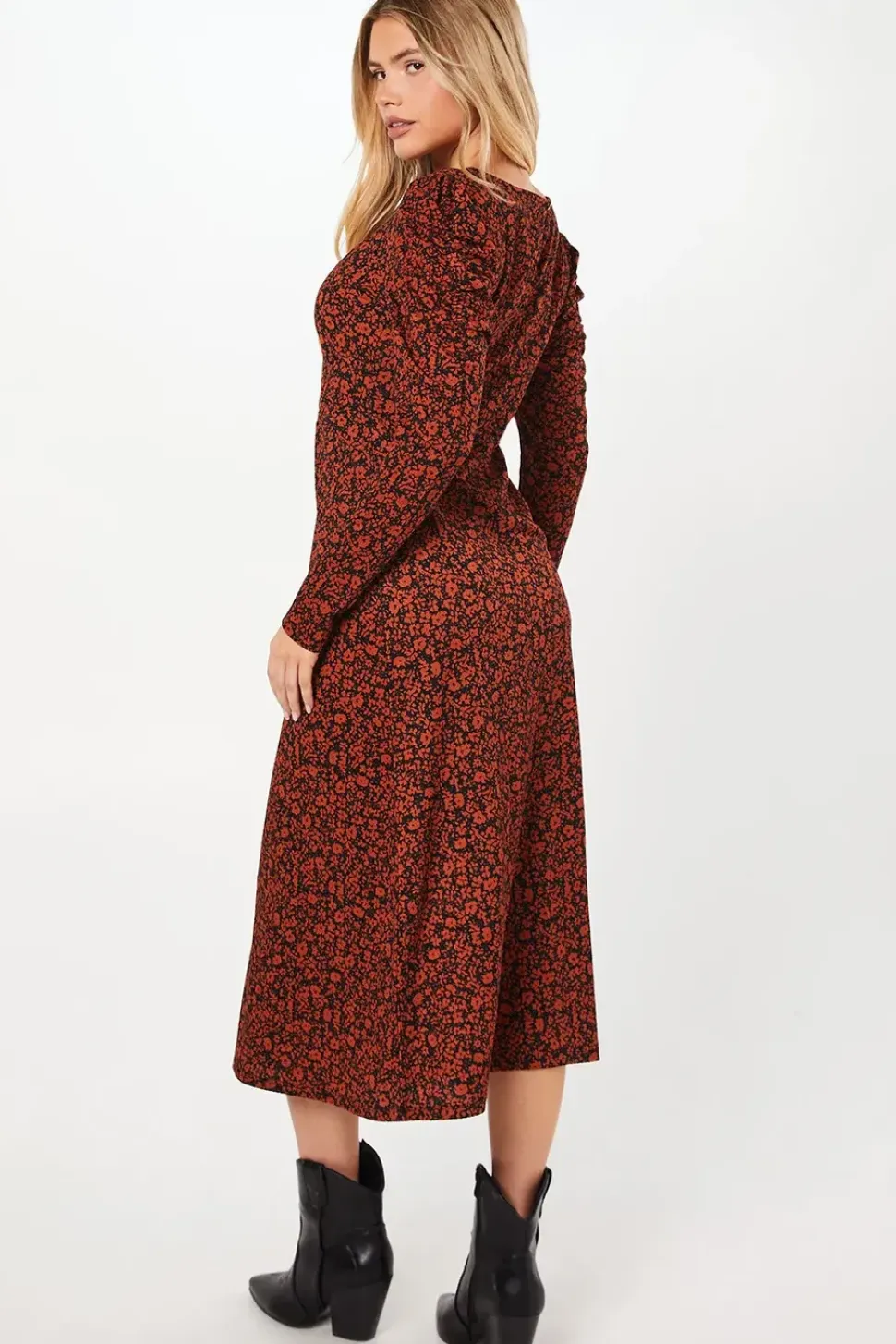 Burgundy Ditsy Floral Ruched Front Keyhole Midi Dress