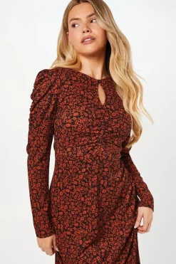 Burgundy Ditsy Floral Ruched Front Keyhole Midi Dress